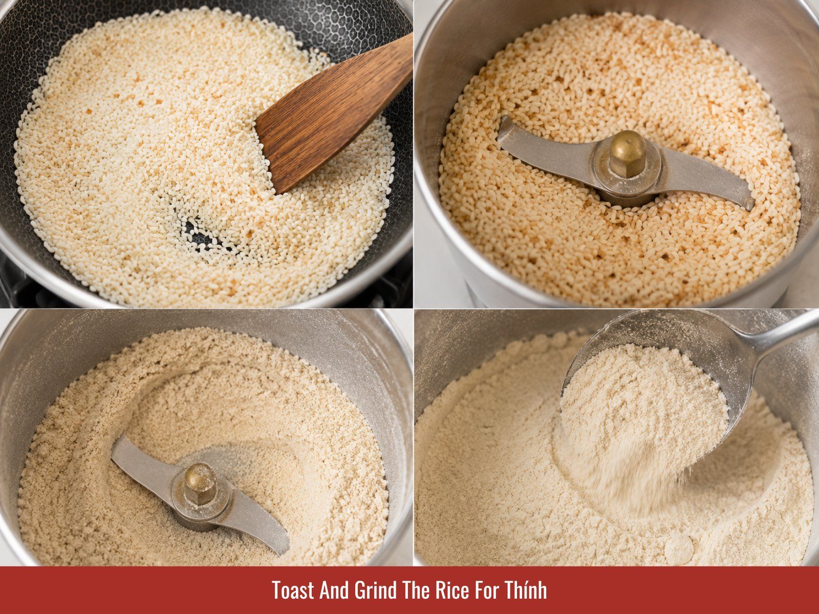 Toasting raw rice into golden thinh powder