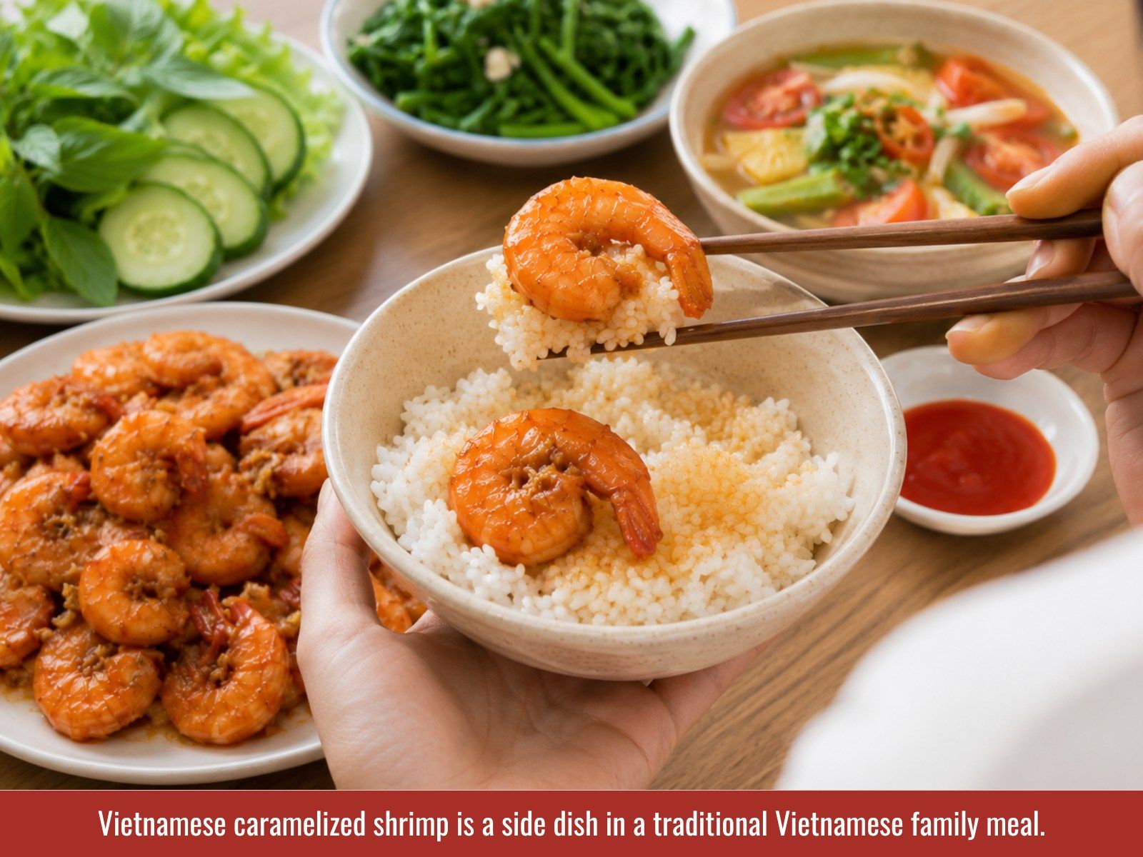 Tôm rim served with steamed rice and vegetables