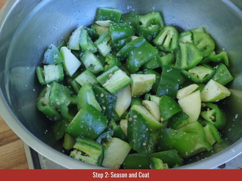 Toss jalapeños, apple, bell pepper, and garlic with oil, salt, and pepper, leaving paprika for later blending.