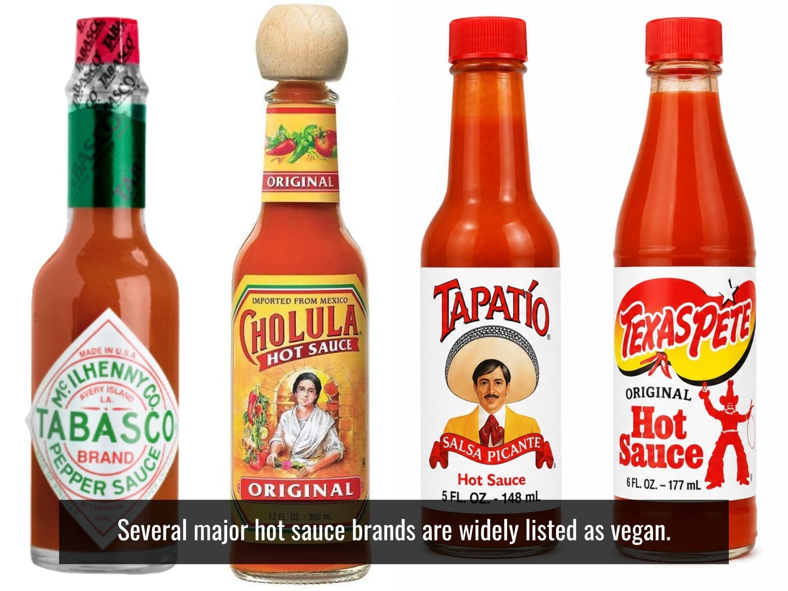 Vegan hot sauce brands displayed together