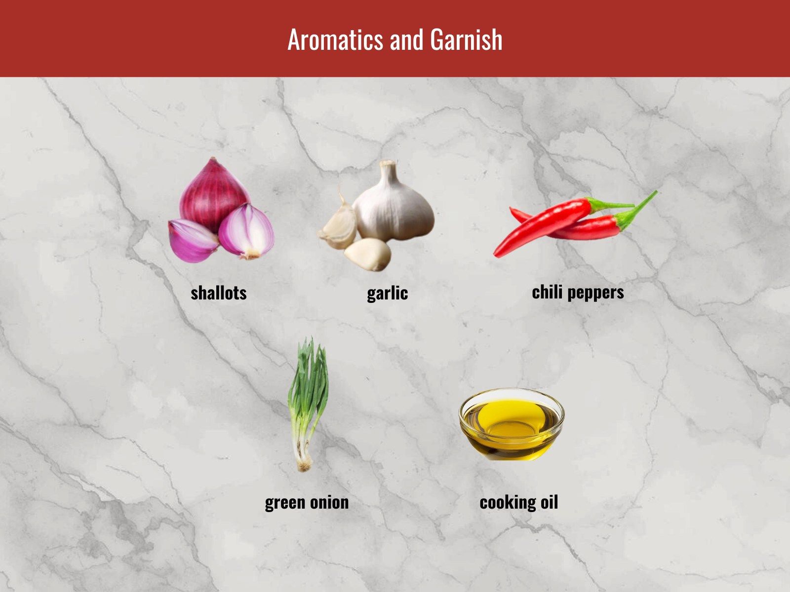 Garlic, shallots, scallions, and chilies for Vietnamese catfish