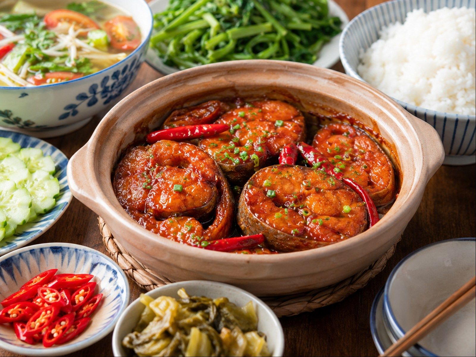 Cá kho tộ with thick catfish steaks and aromatic broth