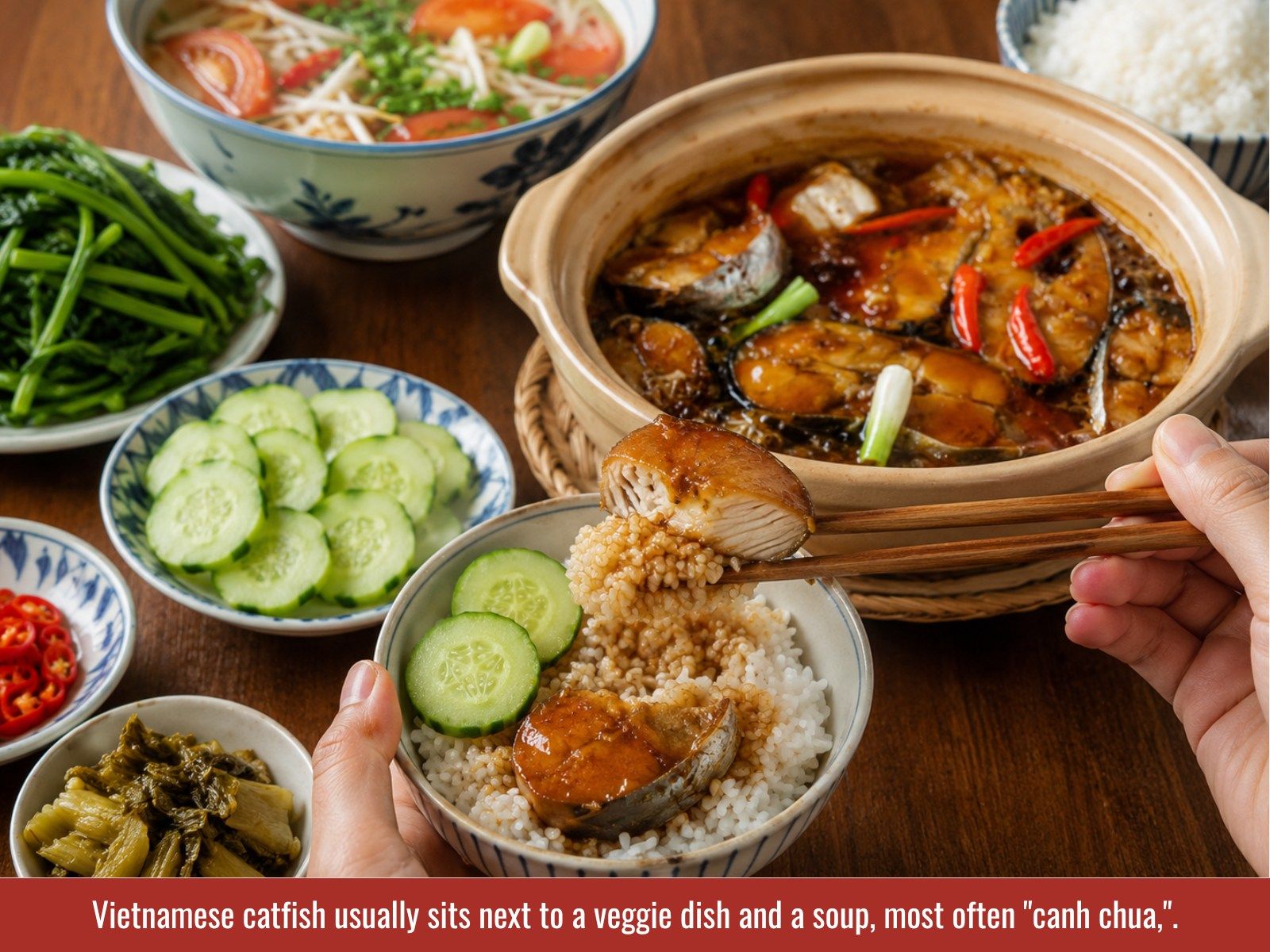 Serve cá kho tộ with vegetables, pickles, cucumber, or soup.