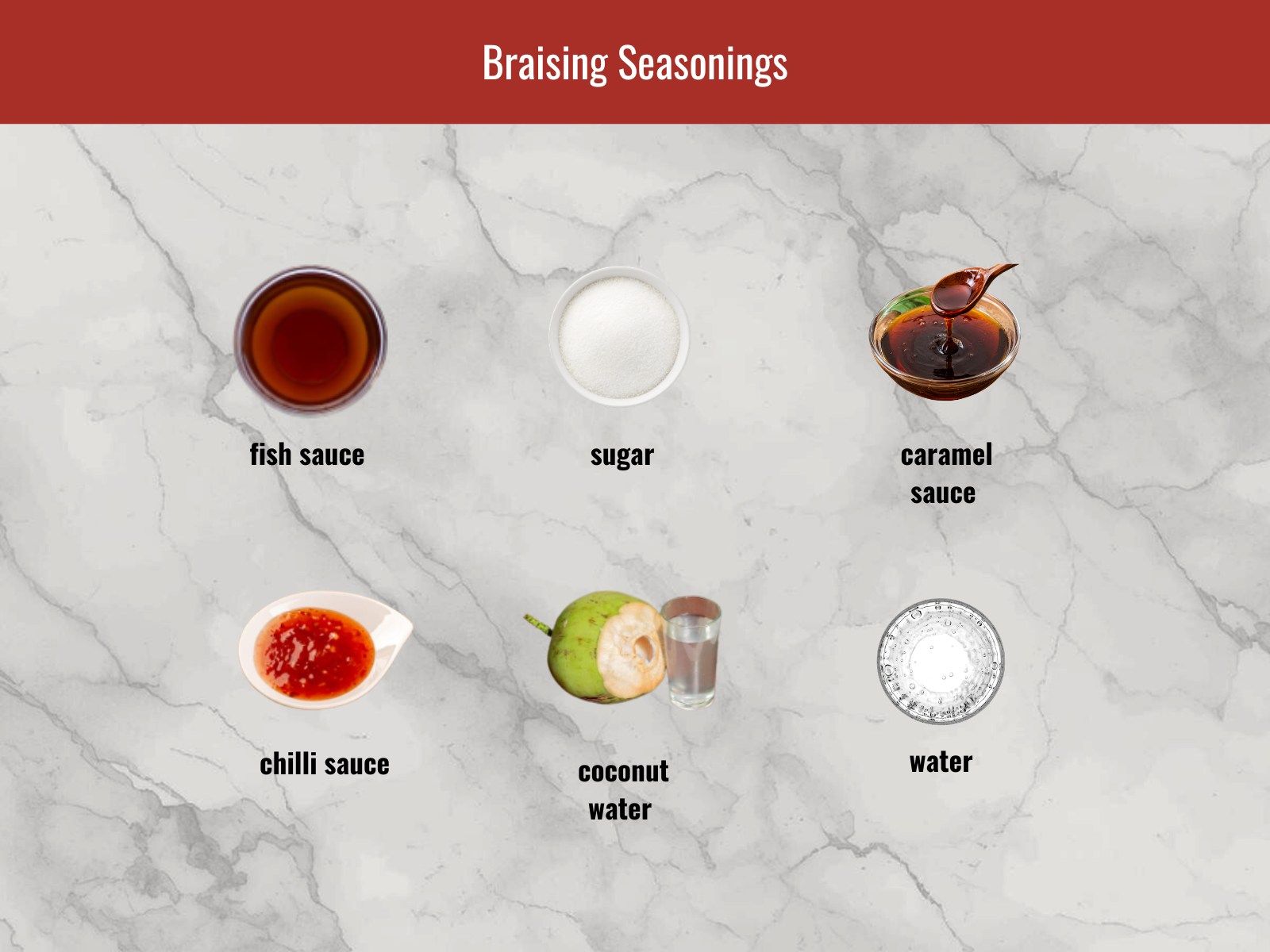 Fish sauce, sugar, chili, coconut water for braising