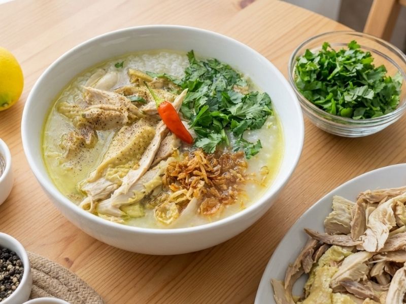 Bowl of chao ga with tender shredded chicken, soft rice grains, chicken broth, herbs, and Vietnamese seasonings
