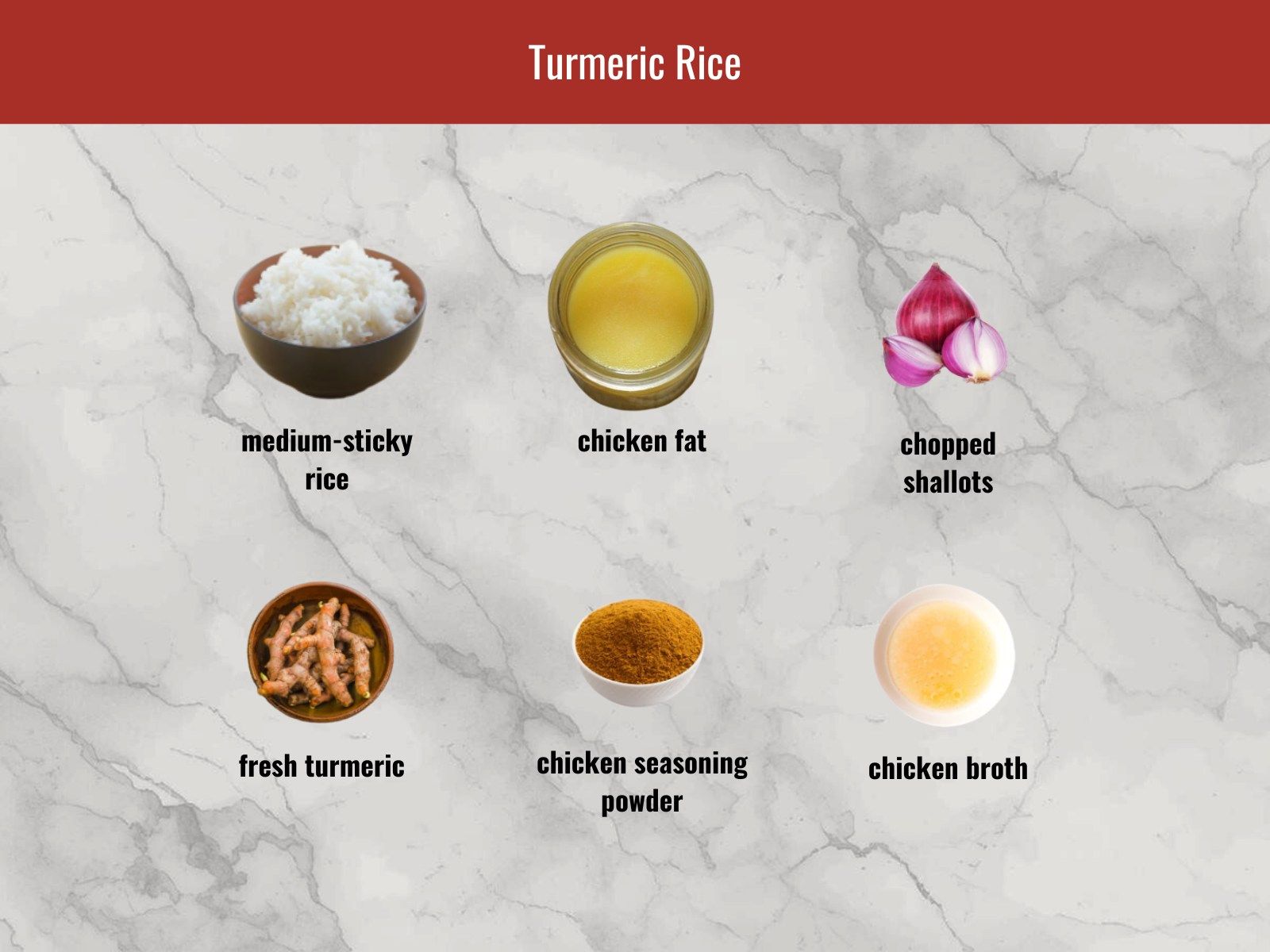 Turmeric rice ingredients for Vietnamese chicken rice