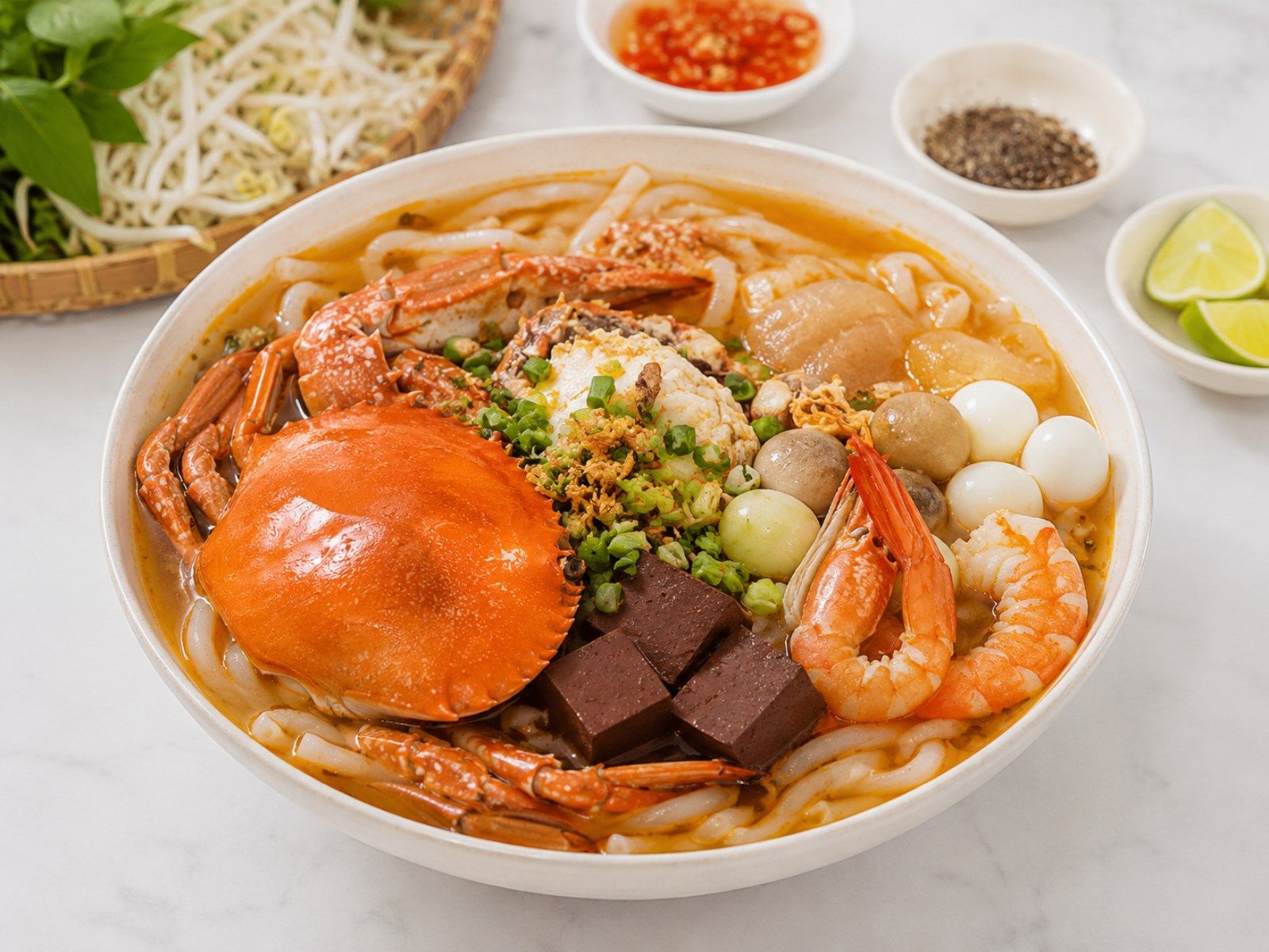 Vietnamese crab noodle soup with thick rice noodles and crab