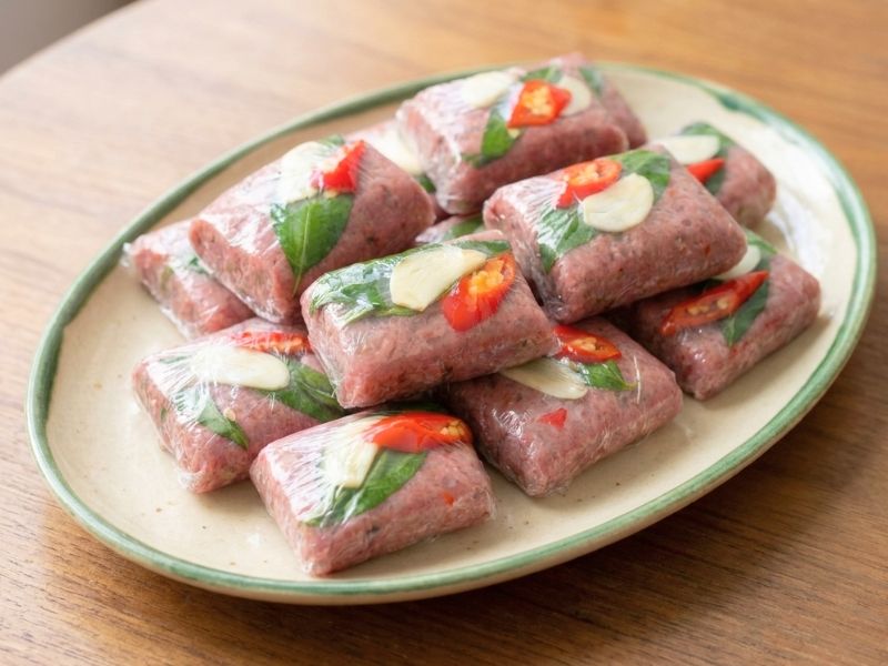 Vietnamese nem chua with firm fermented meat texture, pork skin strands, garlic, chili, and herbs