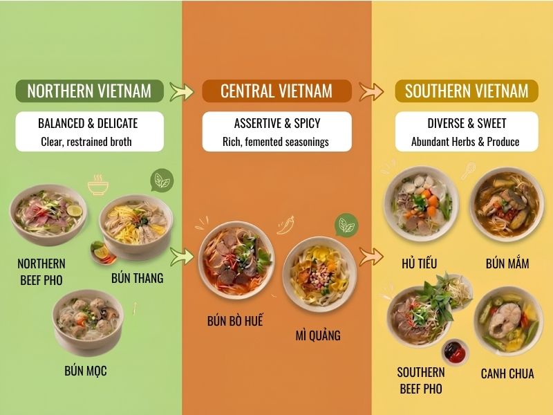 Vietnamese soup styles showing northern, central, and southern regional flavor differences