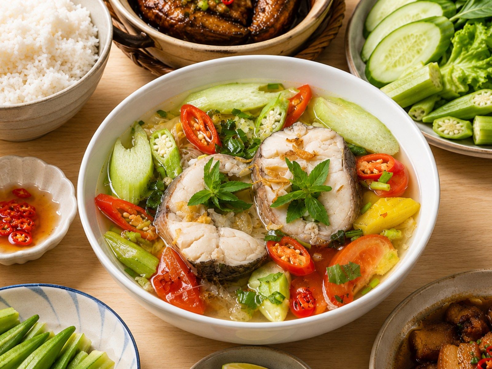 Southern Vietnamese sour fish soup with tamarind, pineapple, and fresh herbs