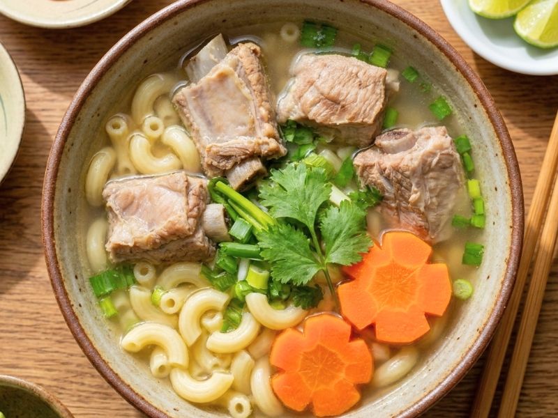 Bowl of Vietnamese sup nui with tender pork ribs, macaroni pasta, vegetables, clear pork broth, and herbs