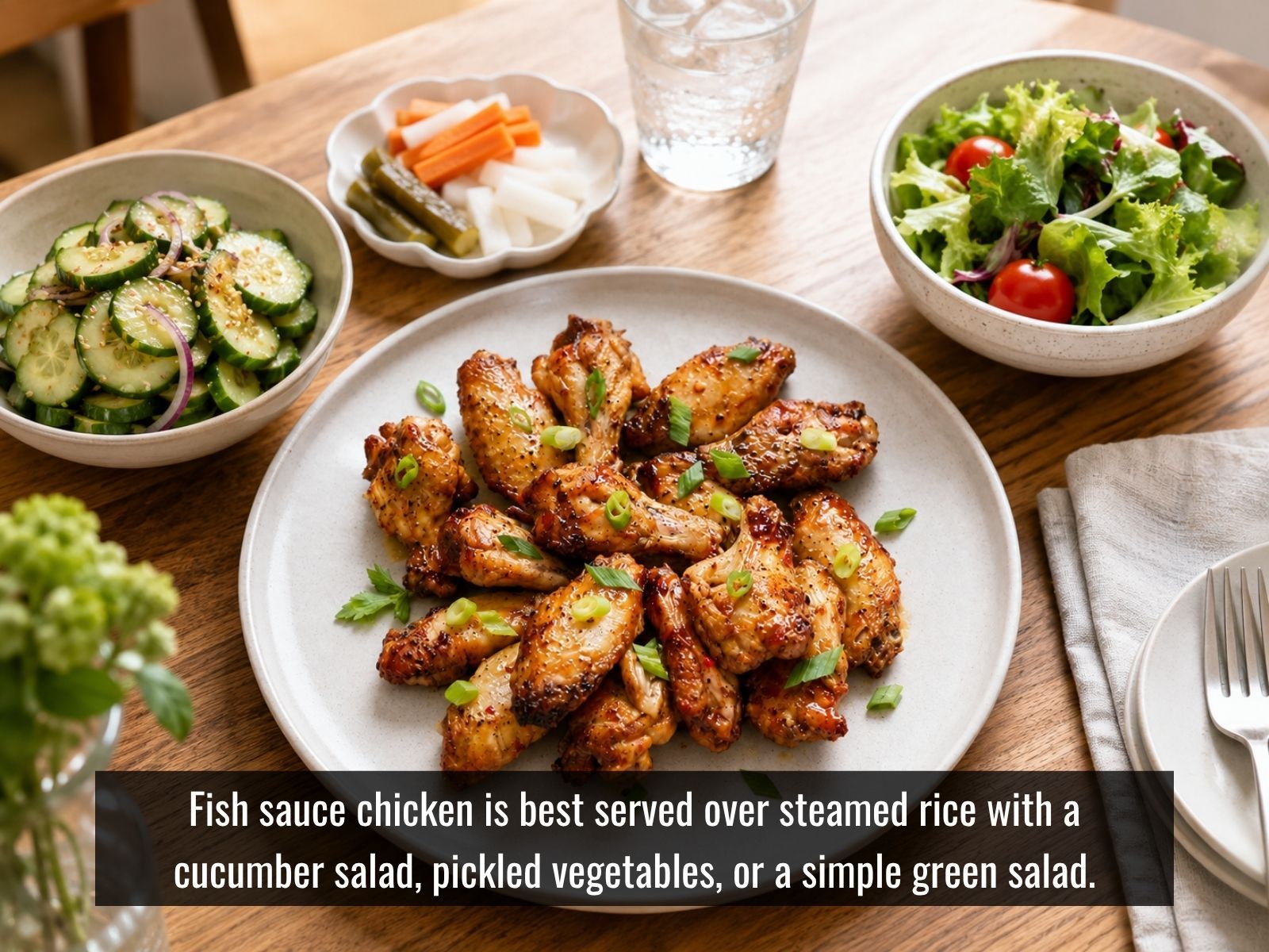 Fish sauce chicken served with rice herbs and vegetables