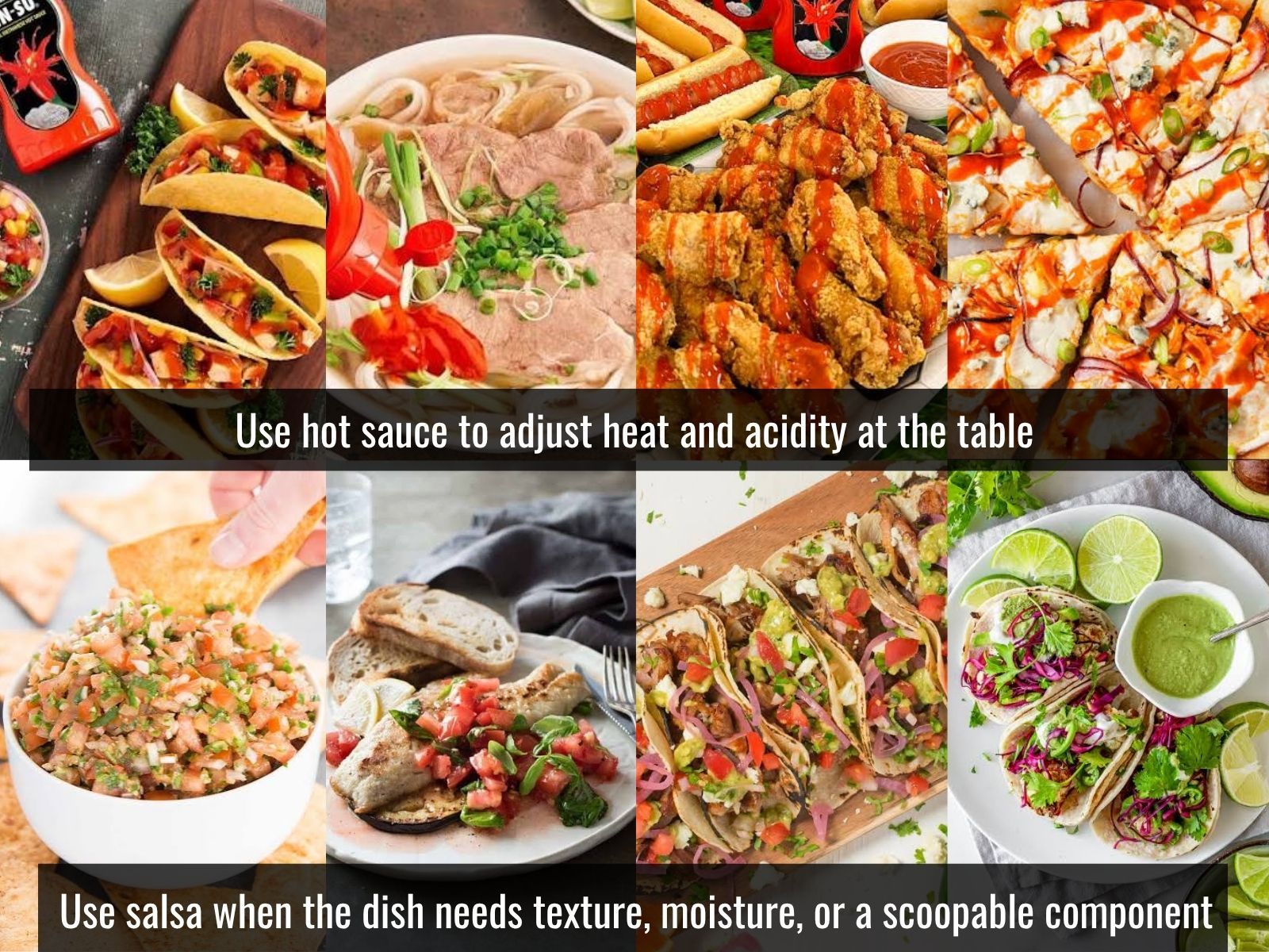 Hot sauce vs salsa served with different foods and dishes