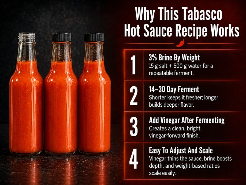 Tabasco-style hot sauce recipe explained with 3% salt brine, fermentation time, vinegar addition, and adjustable ratios