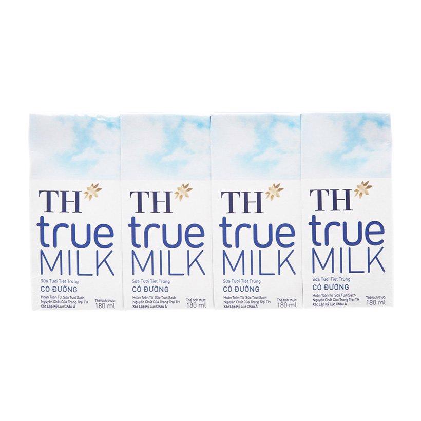 Lốc 4 hộp sữa tươi tiệt trùng TH True Milk có đường 180ml