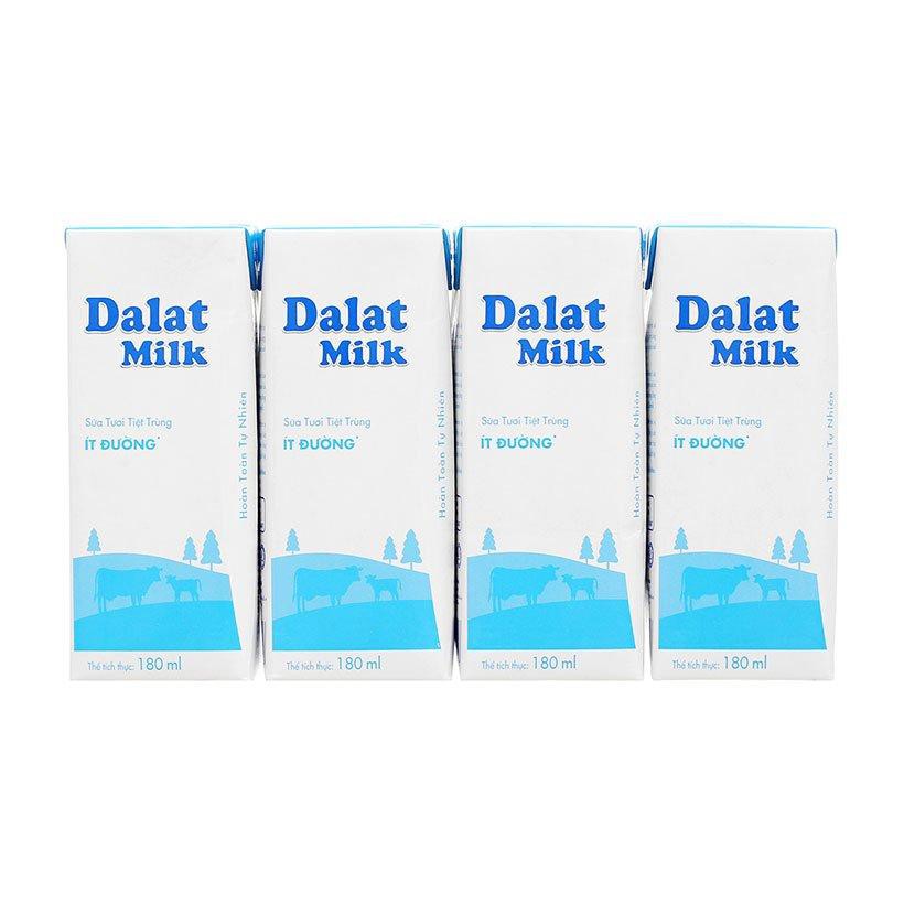 Lốc 4 hộp sữa tươi tiệt trùng ít đường Dalat Milk hộp 180ml