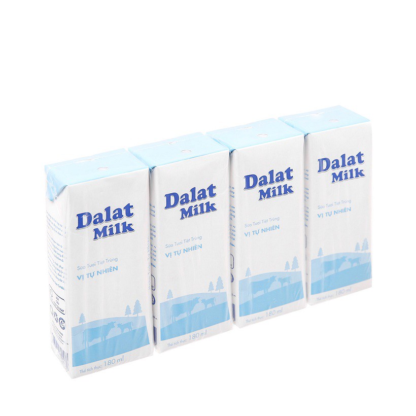 Lốc 4 sữa tươi tiệt trùng Dalat Milk không đường vị tự nhiên hộp 180ml
