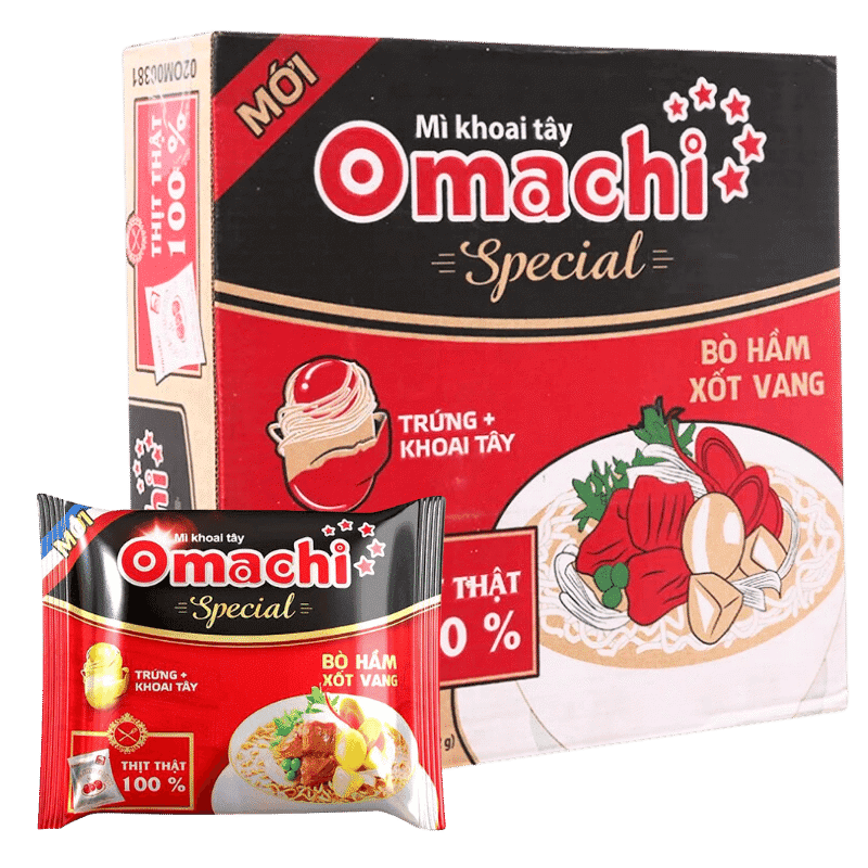 Mì khoai tây Omachi Special bò hầm xốt vang thùng 30 gói x 92g