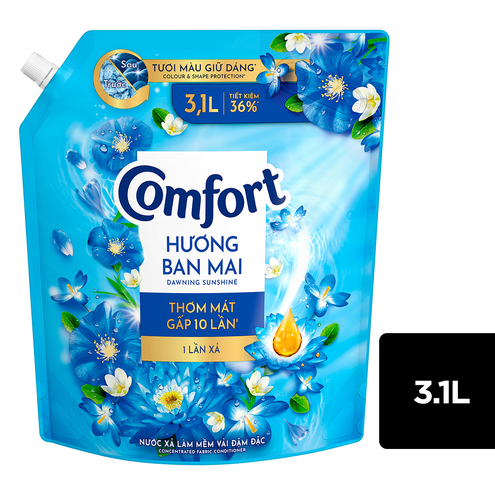 Nước Xả Đậm Đặc Làm Mềm Vải Một Lần Xả Comfort Hương Ban Mai Túi 3.1L